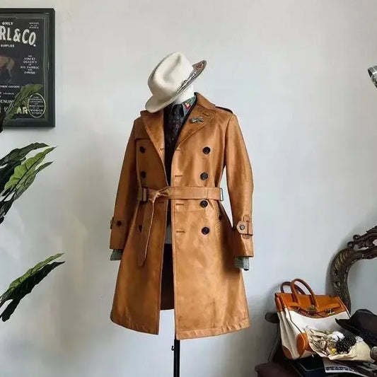 Tailor Brando Italian Uncoated Cowhide Indian Horn Buttons Aged Trench Mid-Length Genuine Leather Jacket Men's Vintage Coat