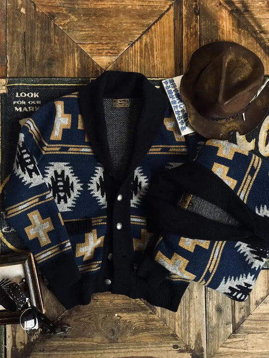 Tailor Brando American Vintage Highland Barley Neck Knit Sweater Star Cardigan Warm Men's Casual Jacket Tailor Brando