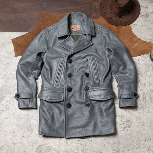 Tailor Brando Full Grain Wax Dyed Cowhide Double Breasted Peacoat Vintage 740 Genuine Leather Coat Tailor Brando