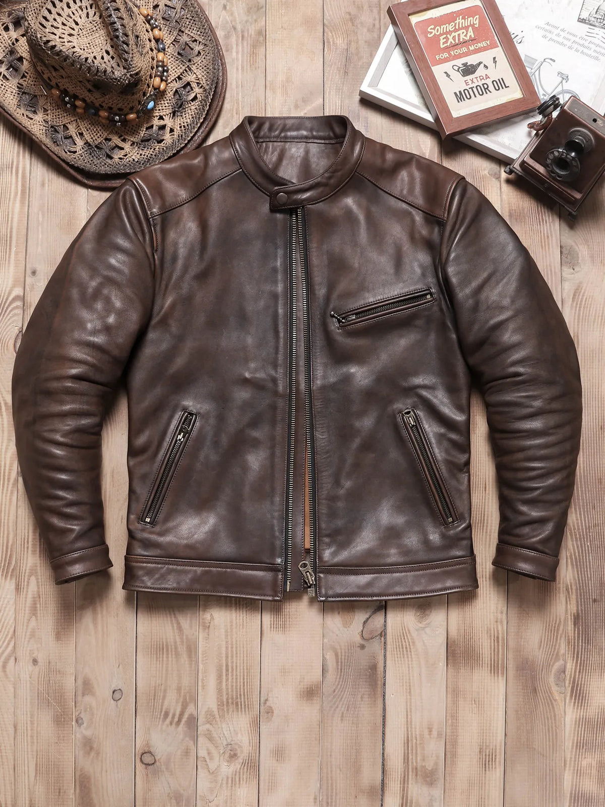 Tailor Brando Vegetable Tanned Teacore Cowhide Distressed Retro Men's Genuine Leather Biker Jacket Tailor Brando