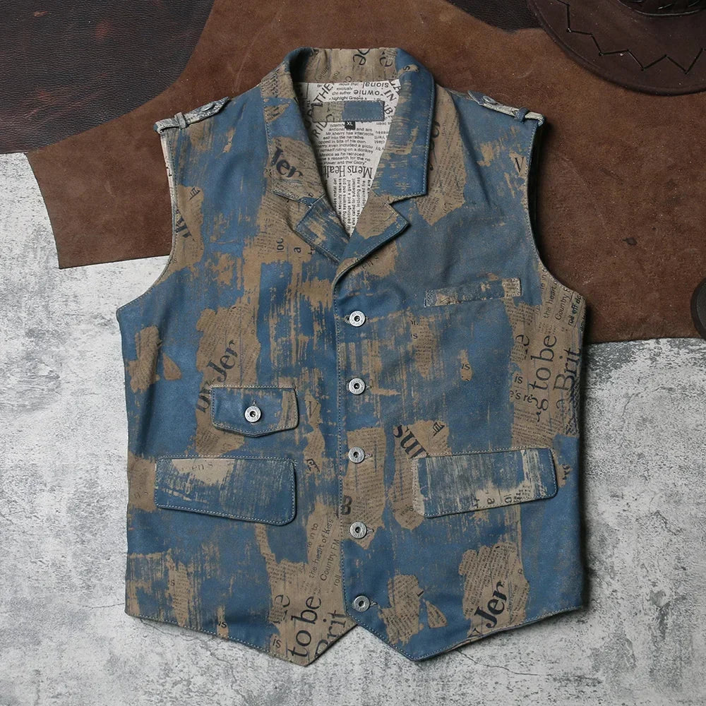 Newspaper Printed Genuine Leather Vest, Retro Vintage Work Clothes, Leather Vest, Men's British Slim Fit, Polished Cowhide