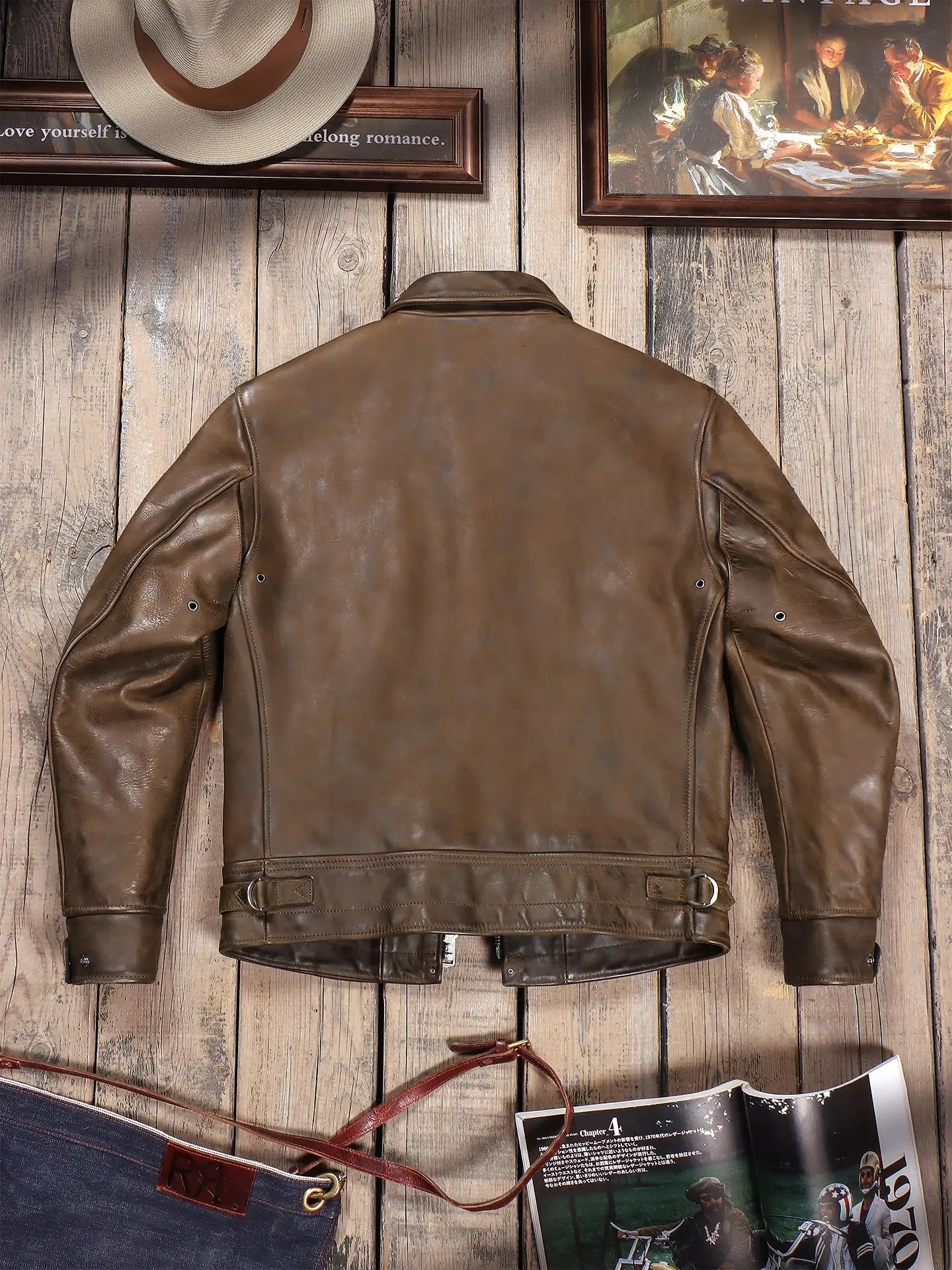 Tailor Brando Heavyweight Uncoated Oil-Waxed Cowhide Hand-Stitched Men's Classic Retro 1930s Genuine Leather Motorcycle Jacket Tailor Brando