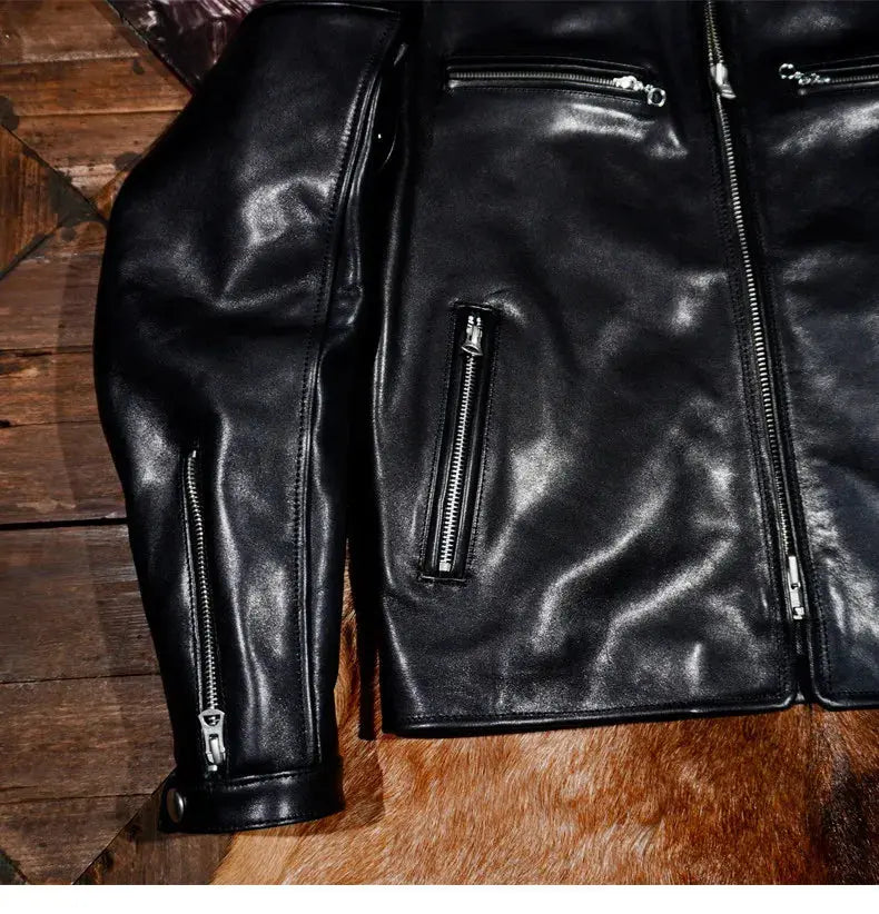 Tailor Brando Italian Full-Grain Vegetable-Tanned Horsehide Classic J100 Retro Stand-Up Collar Men's Genuine Leather Jacket Tailor Brando