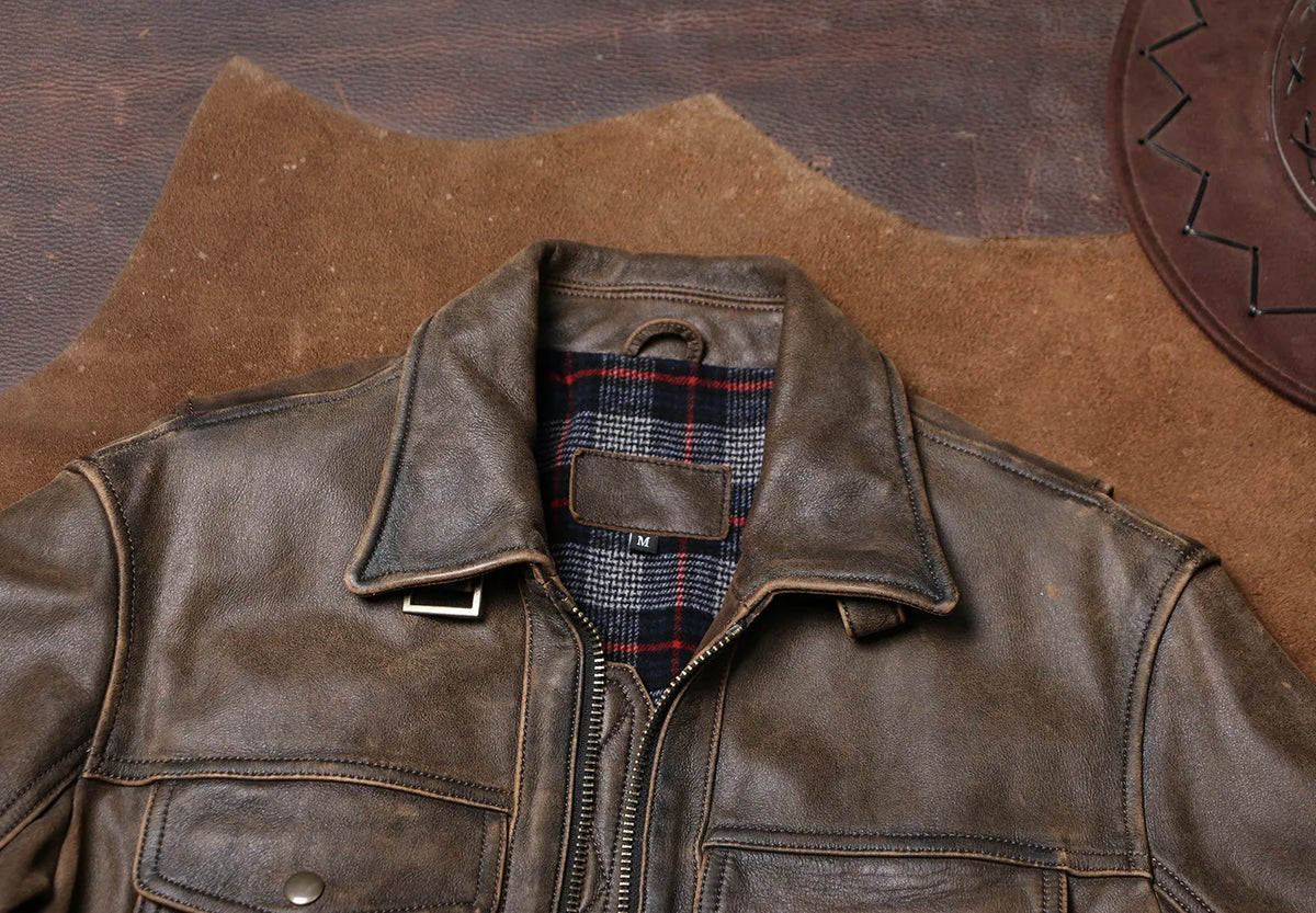 Tailor Brando Washed Distressed Cowhide Men's Relaxed Fit Cropped Genuine Leather Jacket Tailor Brando