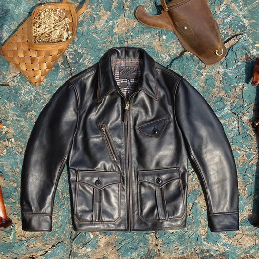 Tailor Brando Thick and Soft Glutinous Tea Core Brushed Distressed Horseskin Newsboy Style American Retro Genuine Leather Jacket