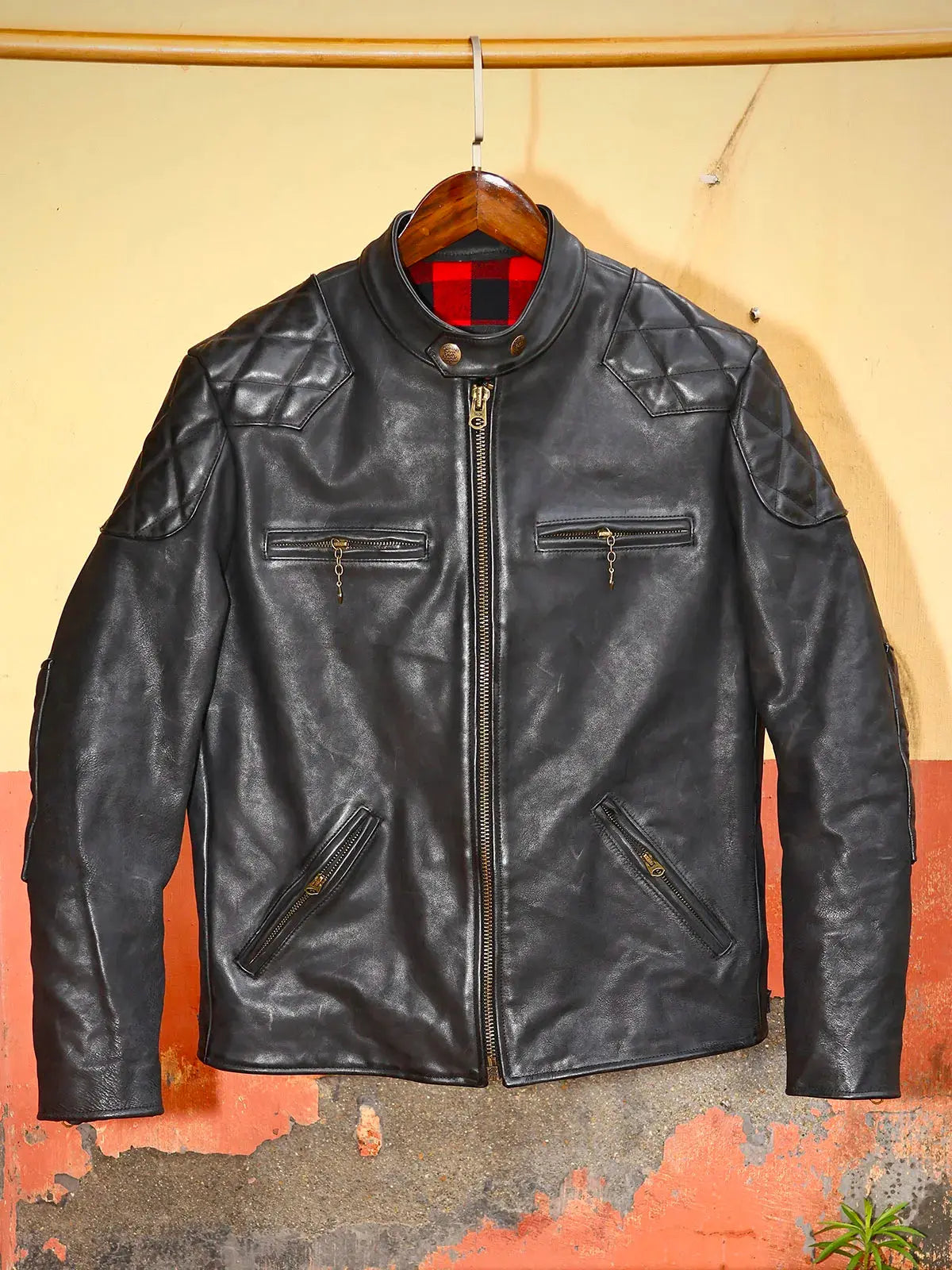 Tailor Brando Uncoated Brushed Wash Cowhide Men's Stand Collar Genuine Leather Biker Jacket Tailor Brando