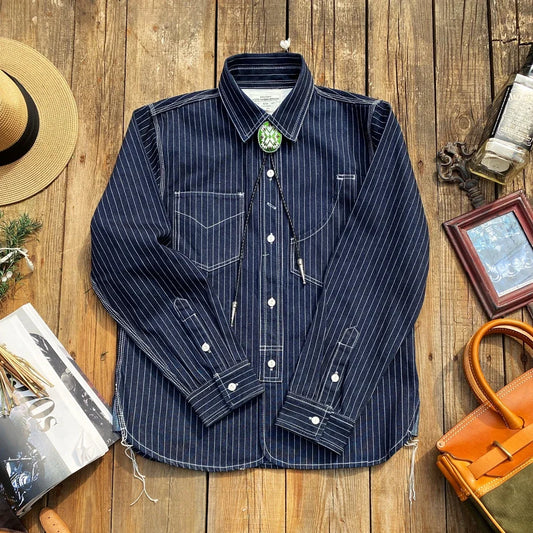 Tailor Brando T-7American Vintage Heavyweight 12.5oz Cotton Vertical Striped Denim Shirt Indigo Hundred Work Men's Western Shirt