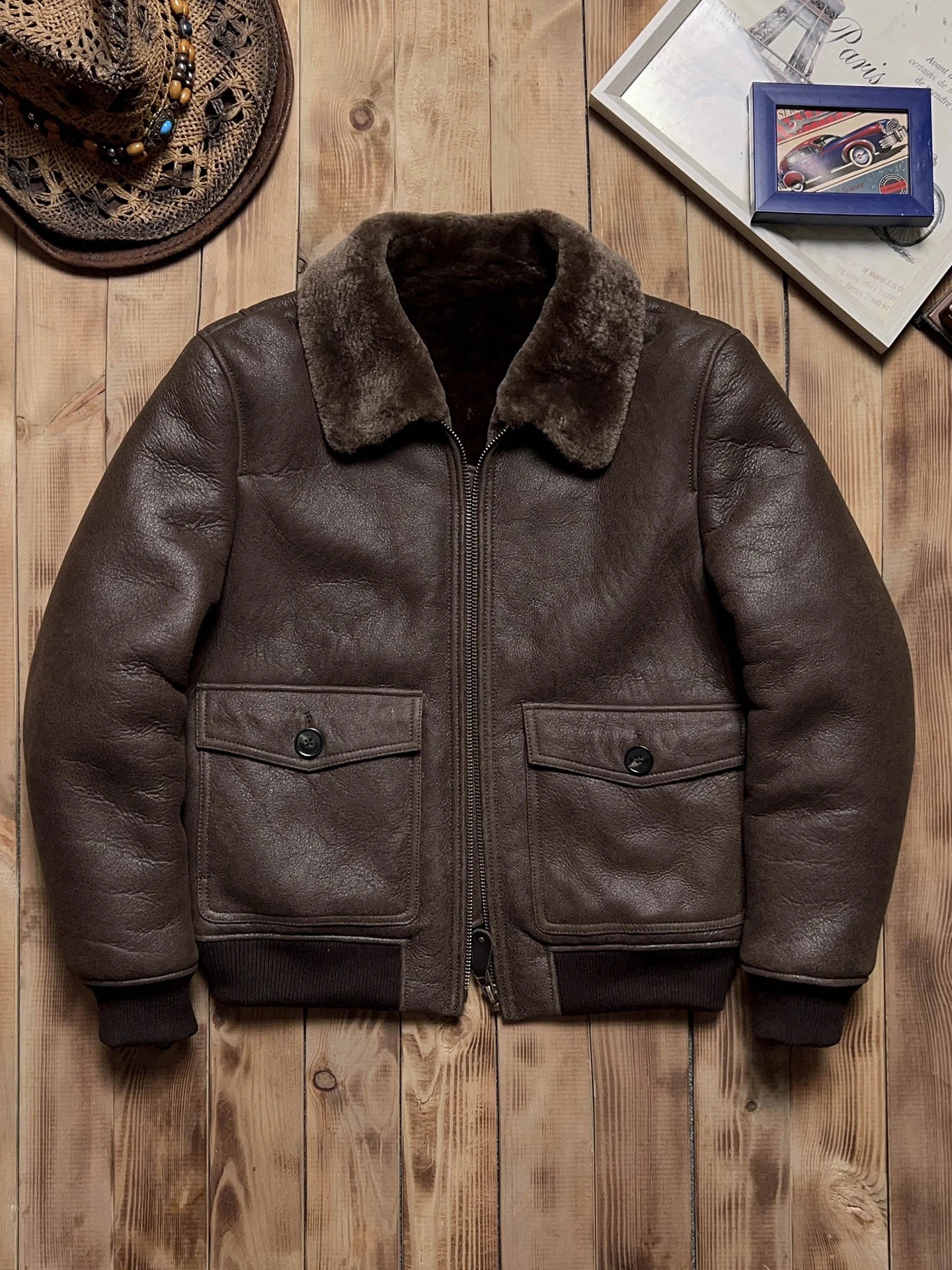 Tailor Brando Turkish Shearling Classic A2 Aviator Jacket Men's Classic Genuine Leather Fur Jacket