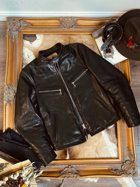 Tailor Brando 18-38 Italy Uncoated Waxed Calf Leather Collar Men's Short Leather Biker Leather Jacket