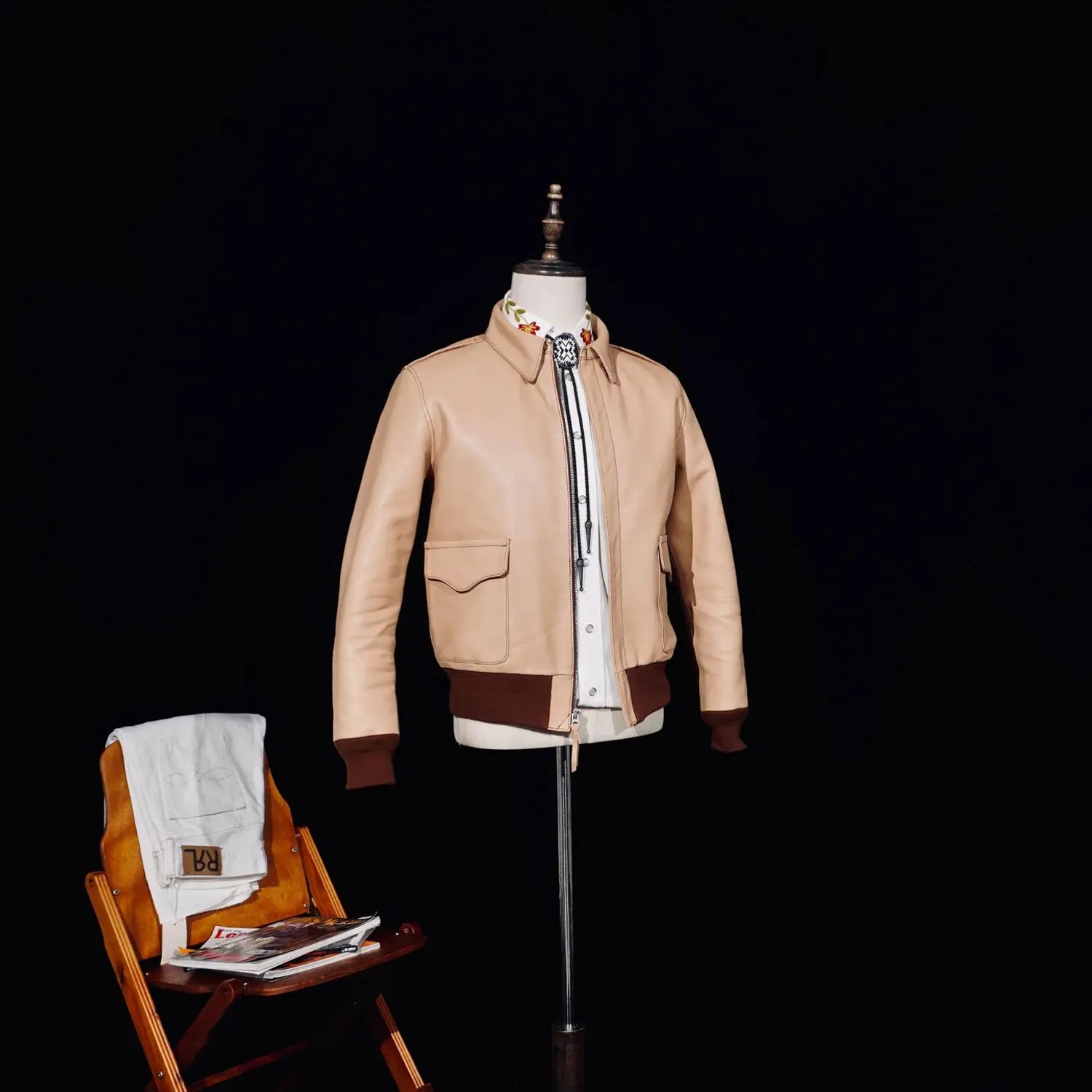 Tailor Brando No.27622 Vegetable-Tanned Raw-Hide Calfskin Men's Classic A2 Genuine Leather Aviator Jacket Tailor Brando