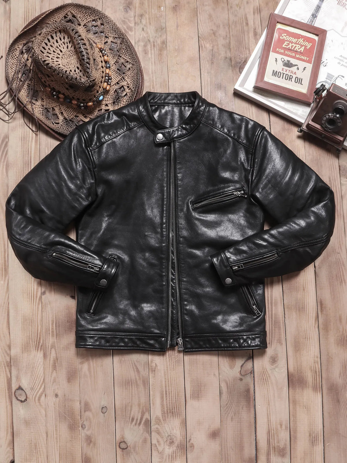 Tailor Brando Vegetable Tanned Teacore Cowhide Distressed Retro Men's Genuine Leather Biker Jacket Tailor Brando