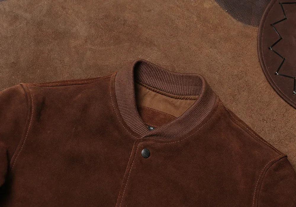 Reversed Suede Leather A1 Leather Jacket, American Retro Leather Jacket, Autumn and Winter Amikaki Men's Baseball Jacket