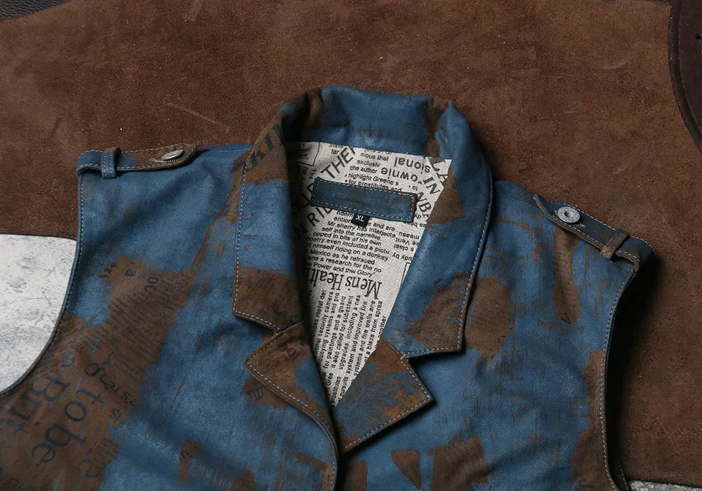 Newspaper Printed Genuine Leather Vest, Retro Vintage Work Clothes, Leather Vest, Men's British Slim Fit, Polished Cowhide