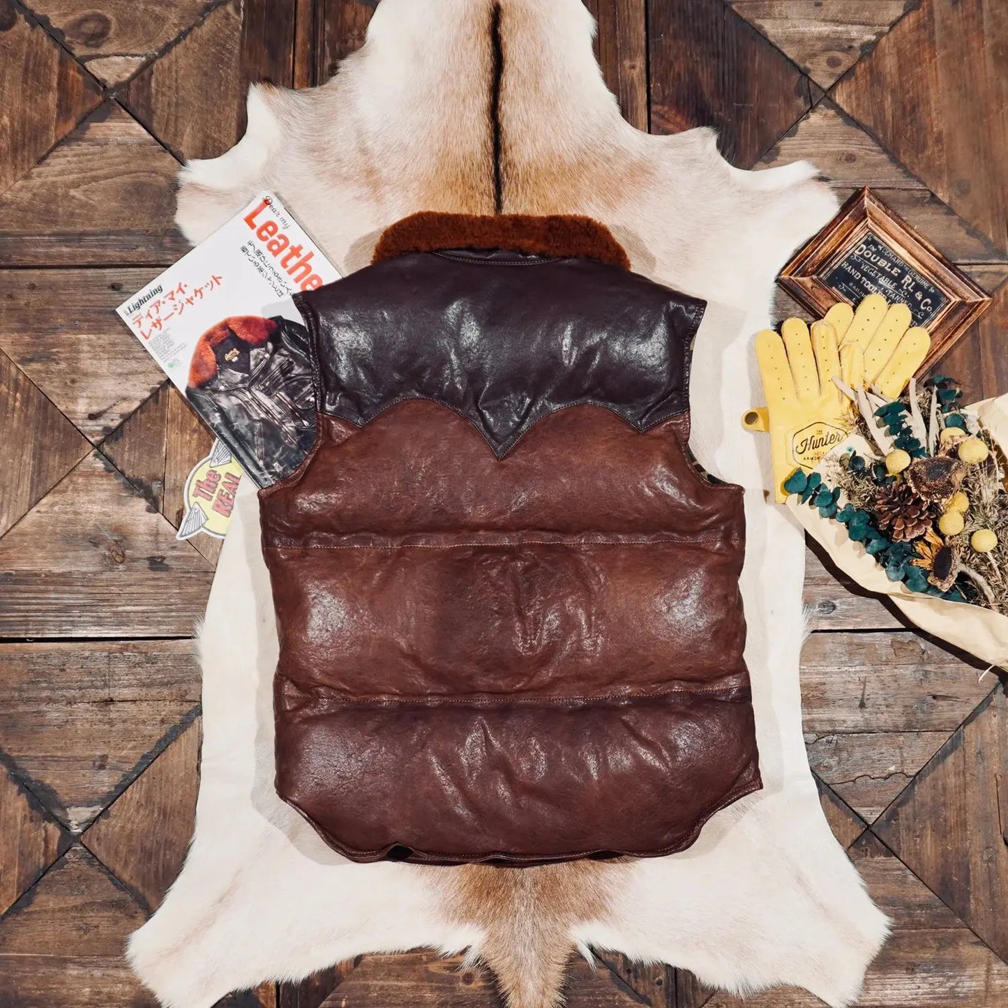 Tailor Brando Wash-Distressed Vegetable-Tanned Sheepskin Men's Classic White Duck Down Genuine Leather Down Vest Tailor Brando