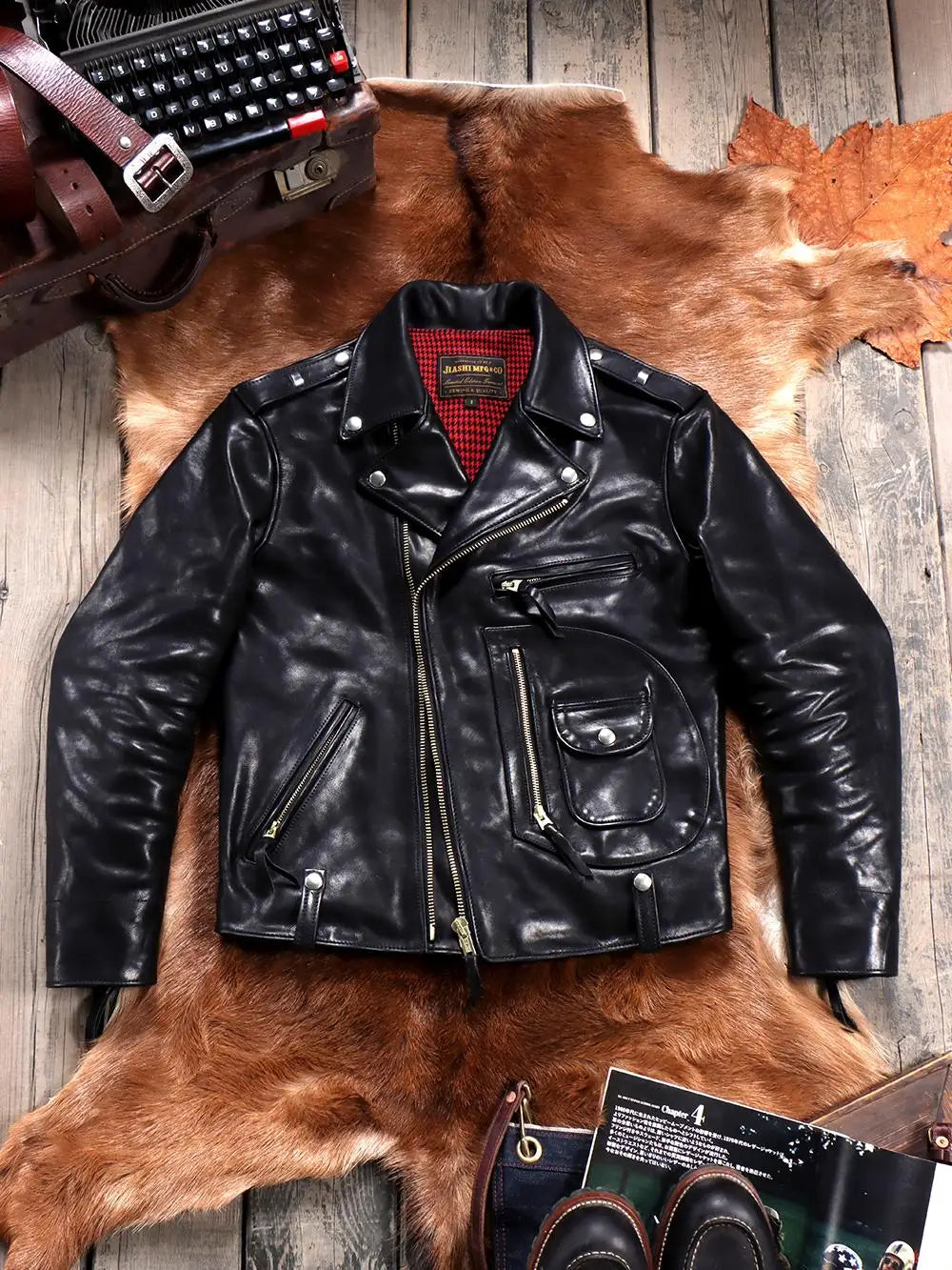 Tailor Brando Italian Uncoated Water-dyed Vegetable Tanned Calf Leather Vintage J24 Men's Double Rider Biker Leather Jacket Tailor Brando