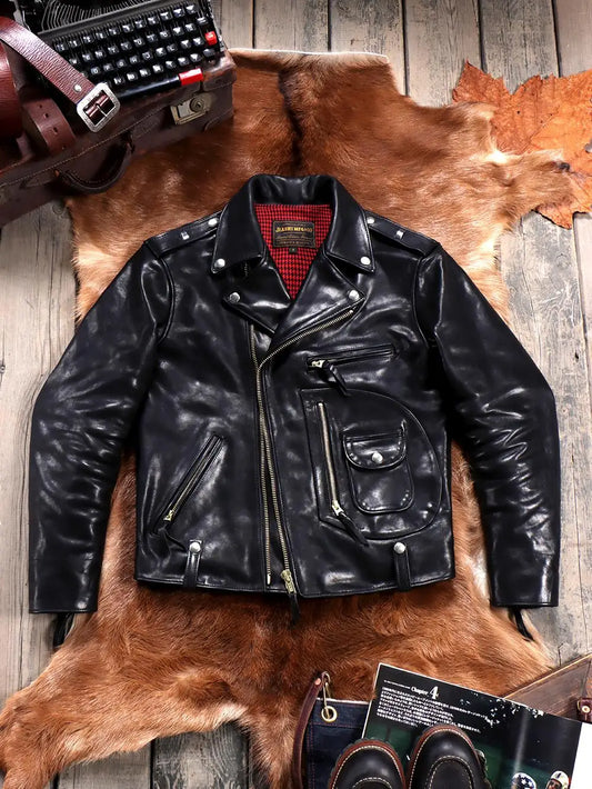 Tailor Brando Italian Uncoated Water-dyed Vegetable Tanned Calf Leather Vintage J24 Men's Double Rider Biker Leather Jacket Tailor Brando