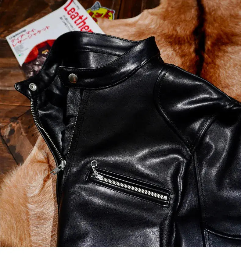 Tailor Brando Italian Full-Grain Vegetable-Tanned Horsehide Classic J100 Retro Stand-Up Collar Men's Genuine Leather Jacket Tailor Brando