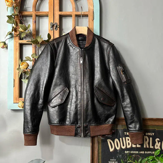 Tailor Brando Italian Vegetable-Tanned Tea-Core Cowhide Classic MA-1 Men's Vintage Genuine Leather Aviator Jacket Tailor Brando