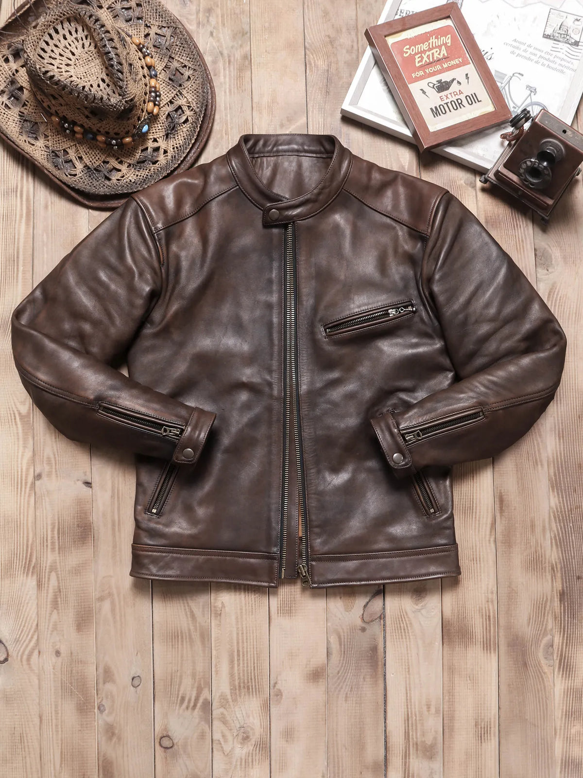Tailor Brando Vegetable Tanned Teacore Cowhide Retro Distressed Men's Genuine Leather Biker Jacket Tailor Brando