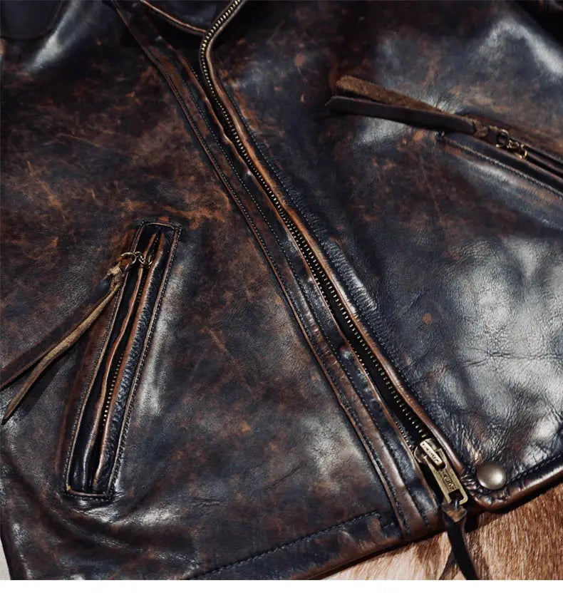 Tailor Brando Classic R*L Full Grain Vegetable Tanned Hand-Stitched Cowhide Men's Diagonal Zip Leather Motorcycle Jacket Tailor Brando