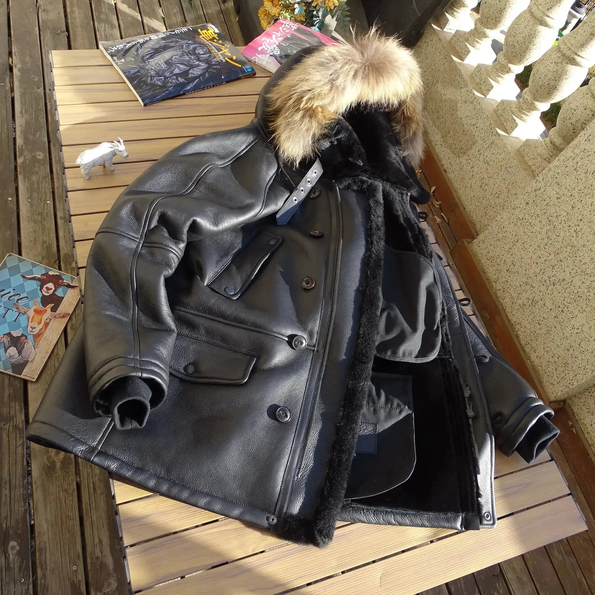 Tailor Brando Authentic Raw Sheepskin & Real Raccoon Fur Collar Men's Mid-Length Winter Warmth Fur Jacket Tailor Brando