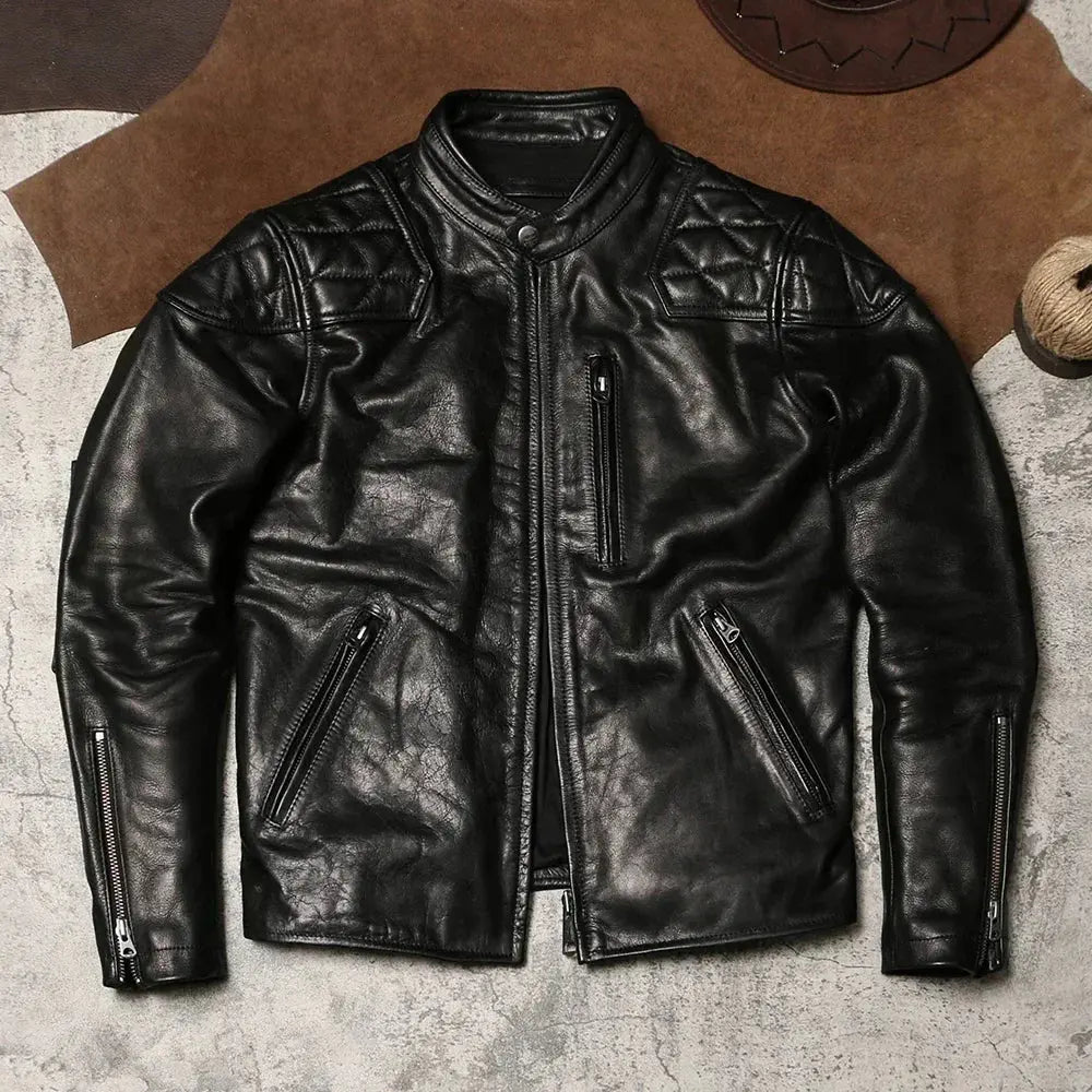 Tailor Brando Full-Grain Waxed Cowhide Men's Heavyweight Stand-Up Collar Retro Genuine Leather Motorcycle Jacket Tailor Brando