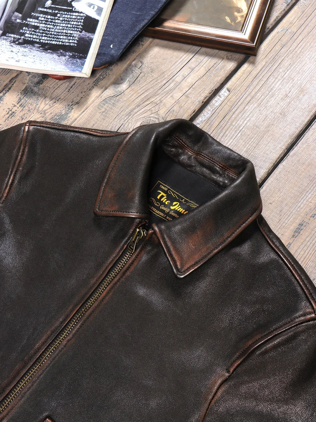 Tailor Brando Vegetable-Tanned Water-Based Tea-Core Goatskin American Vintage Aviator Jacket Men's Genuine Leather Lapel Jacket Tailor Brando