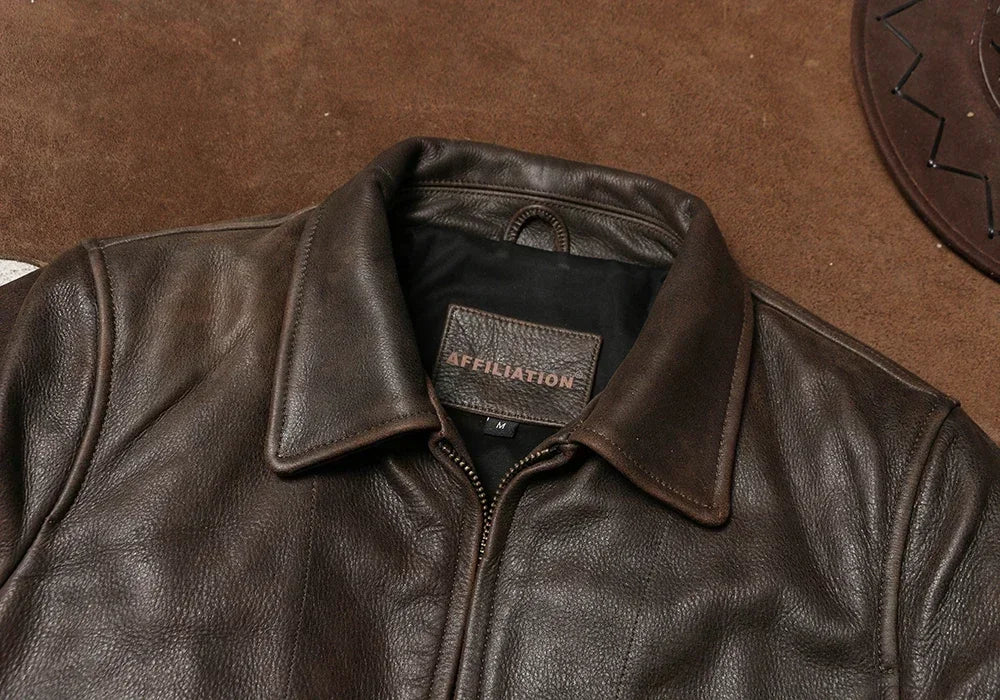 1940 American Retro Leather Jacket Turtle Crack Uncoated Cowhide Coat Autumn and Winter Men's Lapel Leather Leather Coat