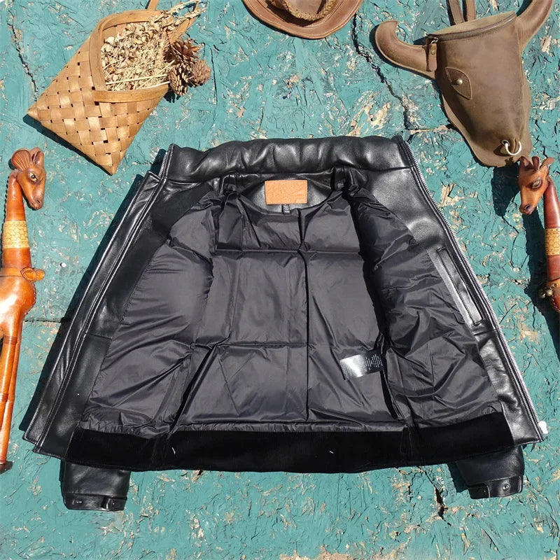 Tailor Brando Full-Grain Sheepskin Men's Winter Warm Short-Length Genuine Leather Down Jacket Tailor Brando