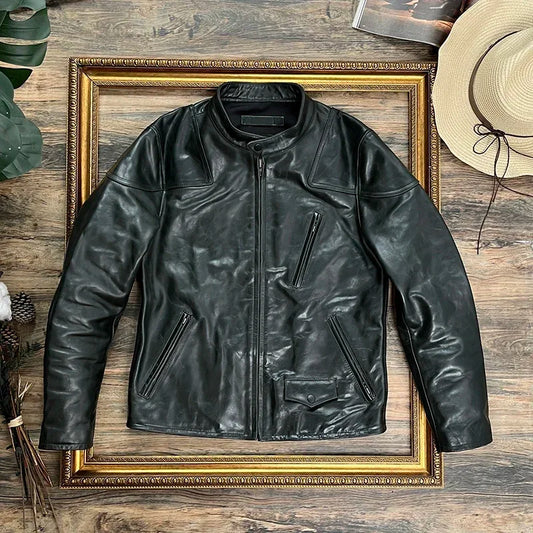 Tailor Brando Batik Vegetable Tanned Cowhide Men's Venom Retro Short Classic Genuine Leather Biker Jacket