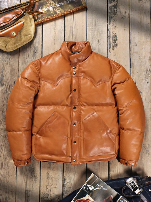 Tailor Brando Full-Grain Vegetable-Tanned Sheepskin Men's Winter Warmth Vintage Genuine Leather Down Jacket Tailor Brando