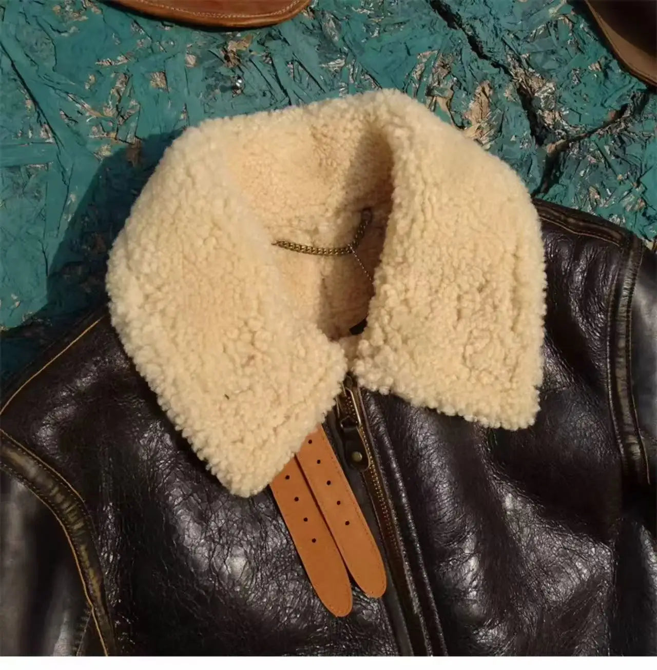 Tailor Brando Turkey Original Sheep Shearling & Vegetable Tanned Tea Core Cowhide Men's Classic Bomber Warm Genuine Fur Jacket