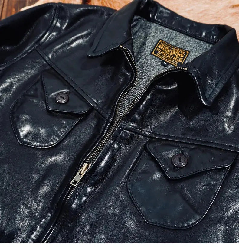 Tailor Brando Washed Full-grain Vegetable-tanned Horsehide Classic Mendoza Men's Retro Genuine Leather Biker Jacket Tailor Brando