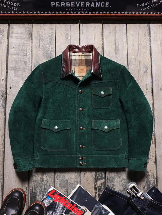 Tailor Brando American Vintage Suede Cowhide Men's Farmer Short Slim Genuine Leather Jacket
