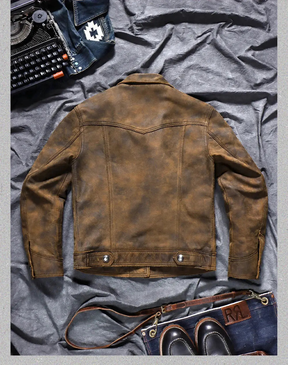 Tailor Brando Italian Uncoated Water-Based Distressed Cowhide Men's R*L Farmer's Genuine Leather Jacket Tailor Brando