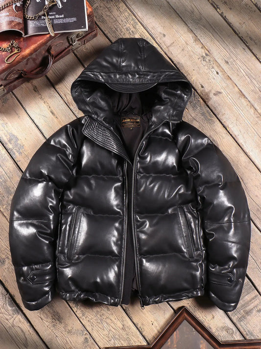 Tailor Brando Italian Sheepskin 400g White Duck Down Men's Winter Warmth Hooded Genuine Leather Down Jacket Tailor Brando