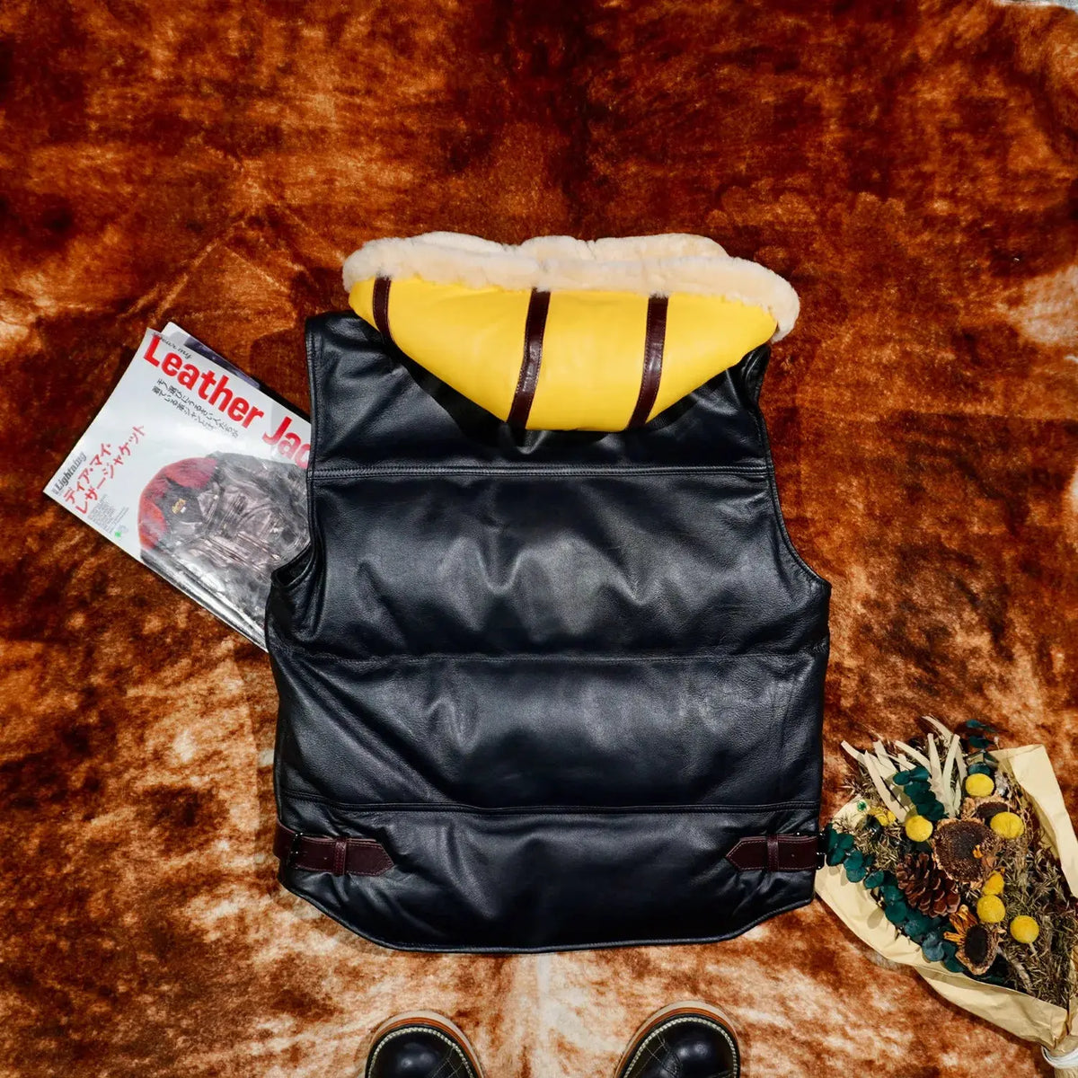 Tailor Brando Vegetable-Tanned Sheepskin Men's Classic Hooded Vintage Winter Warm Genuine Leather Vest Tailor Brando
