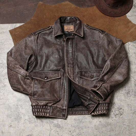 Tailor Brando Wash-Distressed Vegetable-Tanned Cowhide Men's Oversized Vintage Classic Genuine Leather Jacket Tailor Brando